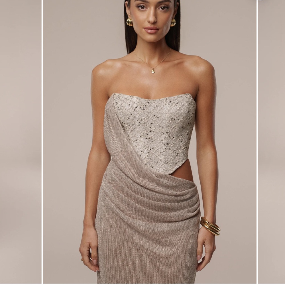 NEW with tags strapless Taupe-Beige Evening Gown with Draped Cutout Skirt JLUXE - Picture 2 of 4